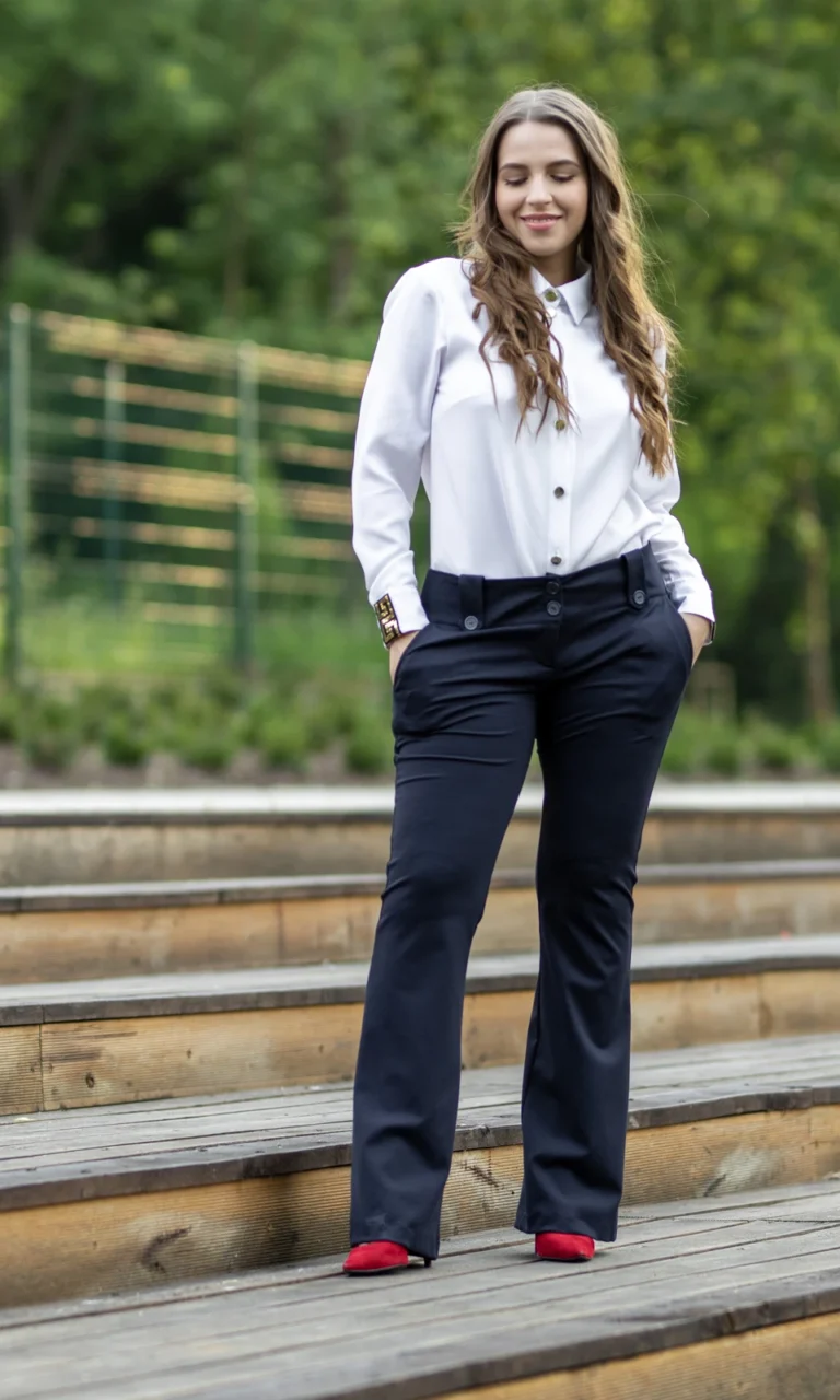 Eleganckie granatowe spodnie dzwony z guzikami na szlufkach